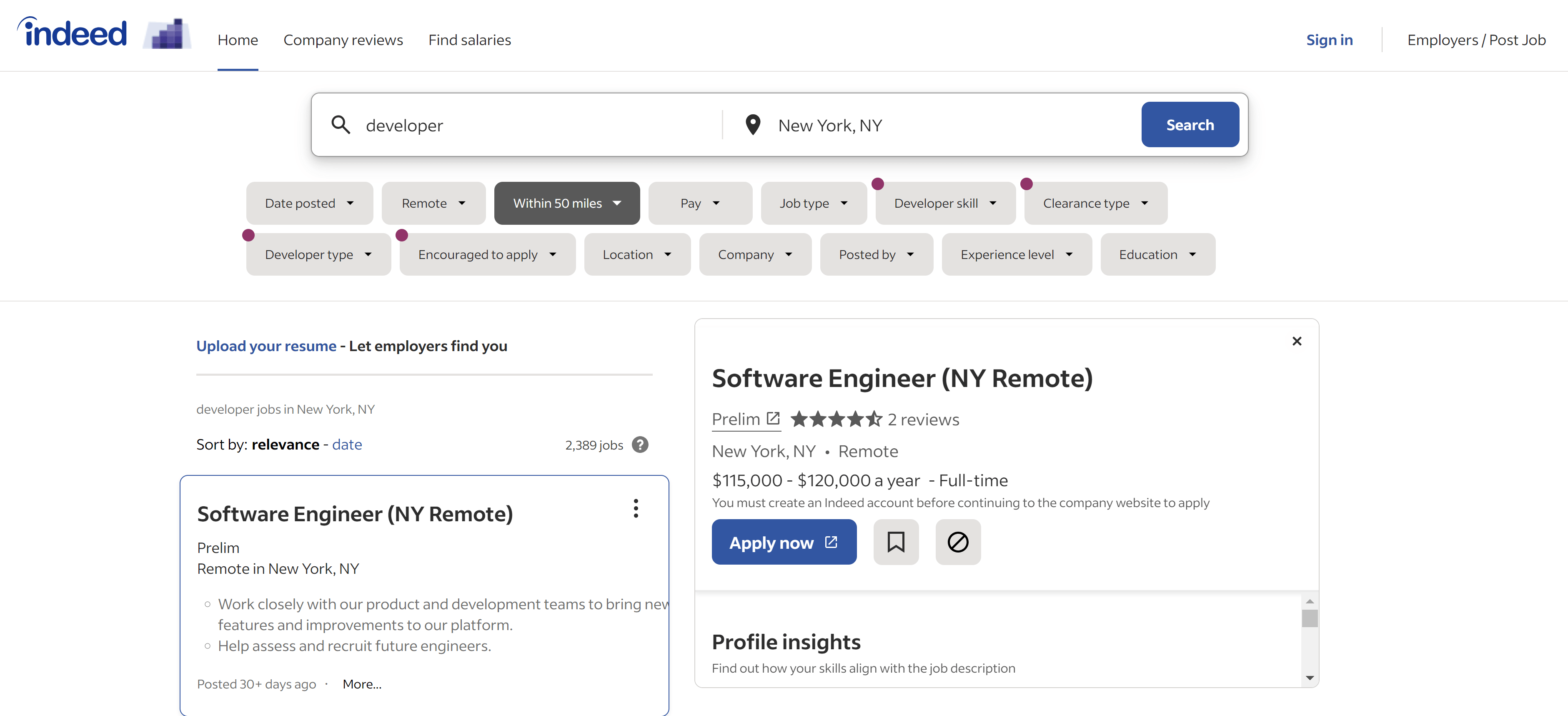Indeed website, job search